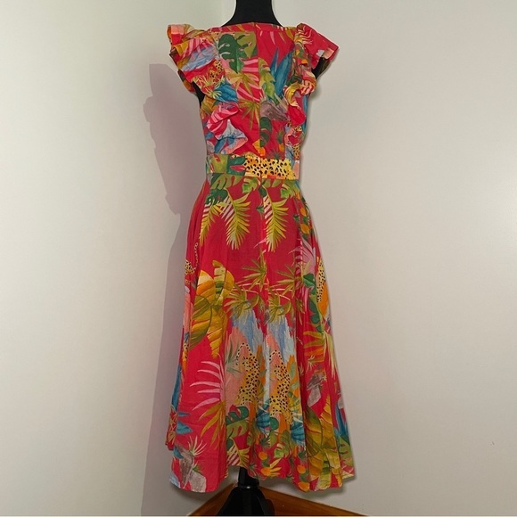 Farm Rio- Tropical Jungle Midi Dress Size S Red Deep V Summer Flutter Sleeves - Picture 13 of 16